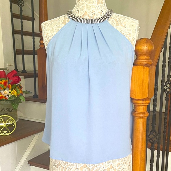 NWOT Agaci blue embellished halter chiffon top - Picture 1 of 8